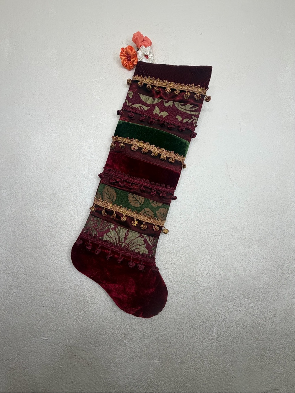 Victorian Velvet Patchwork Christmas Stocking - Burgundy, Green & Gold Boot
